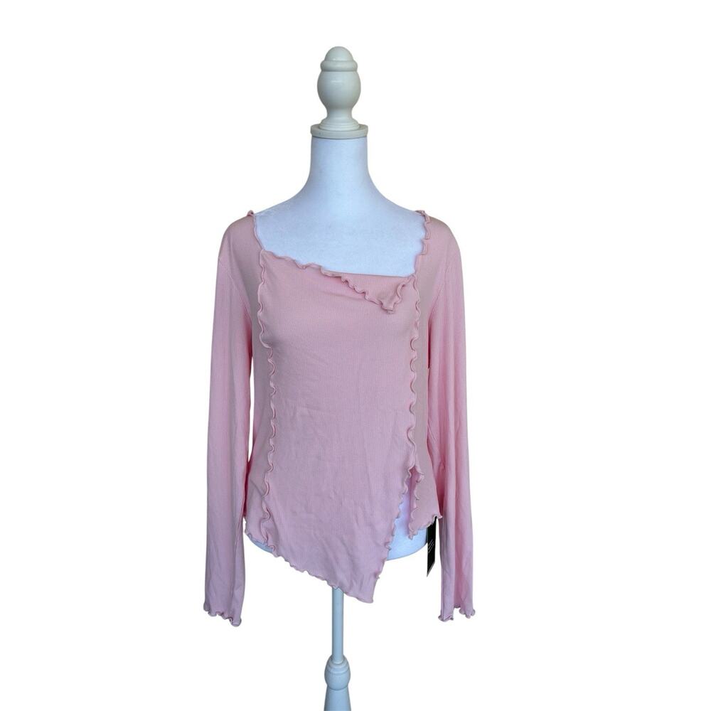 NWT Halara Pink Ribbed Asymmetric Lettuce Trim Long Sleeve Top Sz L Coquette